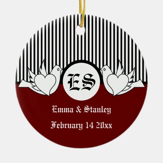 Zwart, rood, wit liefdevolle duiven initialen orna keramisch ornament (Voorkant)