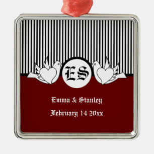 Zwart, rood, wit liefdevolle duiven initialen orna metalen ornament