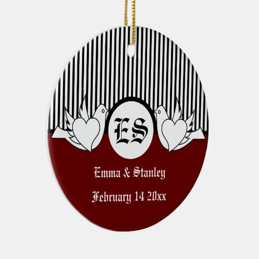 Zwart, rood, wit liefhebbende duiven initialen orn keramisch ornament (Rechts)