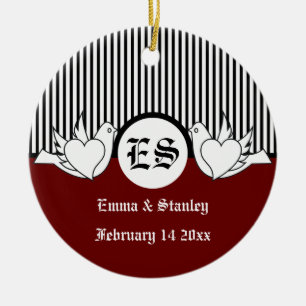 Zwart, rood, wit liefhebbende duiven initialen orn keramisch ornament