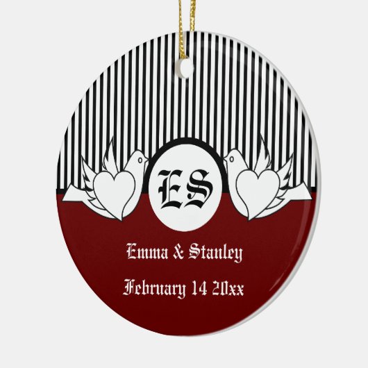 Zwart, rood, wit liefhebbende duiven initialen orn keramisch ornament (Links)