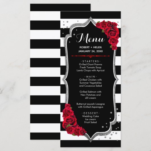 Zwart Rood Wit Zilver Menu Kaart (Voorkant / Achterkant)