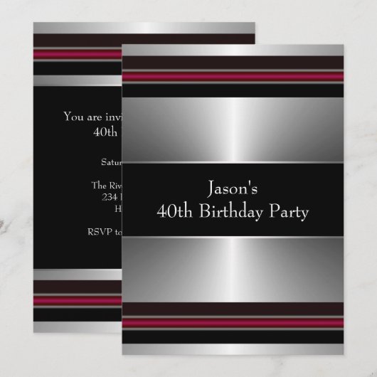 Zwart Rood Zilver Mans 40ste Verjaardagsfeest Kaart (Voorkant / Achterkant)