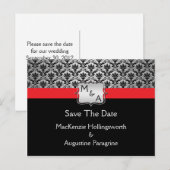 Zwart Rood Zilver Monogram Damast Save the Date Aankondigingskaart (Voorkant / Achterkant)
