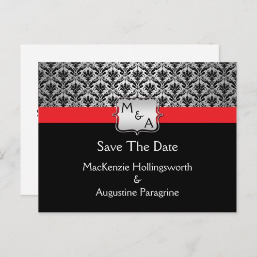 Zwart Rood Zilver Monogram Damast Save the Date Aankondigingskaart (Voorkant / Achterkant)