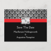 Zwart Rood Zilver Monogram Damast Save the Date Aankondigingskaart (Voorkant)