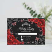 Zwart Rood Zilver Quinceanera Reageer RSVP Kaartje (Staand voorkant)
