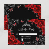 Zwart Rood Zilver Quinceanera Reageer RSVP Kaartje (Voorkant / Achterkant)