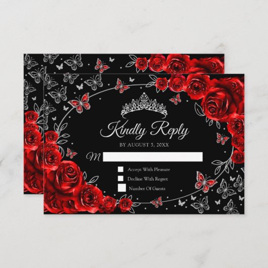 Zwart Rood Zilver Quinceanera Reageer RSVP Kaartje (Voorkant / Achterkant)