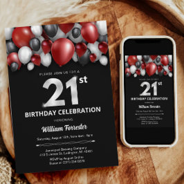 Zwart Rood Zilver & Wit 21e Verjaardag Uitnodiging