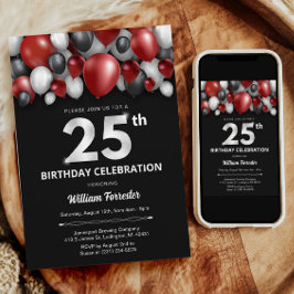 Zwart Rood Zilver & Wit 25e Verjaardag Uitnodiging
