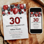 Zwart Rood Zilver & Wit 30e Verjaardag uitnodiging