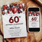 Zwart Rood Zilver & Wit 60e Verjaardag Uitnodiging