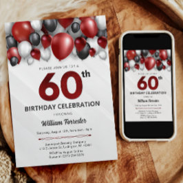 Zwart Rood Zilver & Wit 60e Verjaardag Uitnodiging