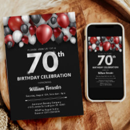 Zwart Rood Zilver & Wit 70e Verjaardag uitnodiging
