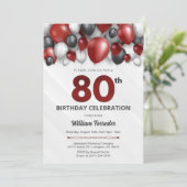 Zwart Rood Zilver & Wit 80e Verjaardag Uitnodiging (Staand voorkant)