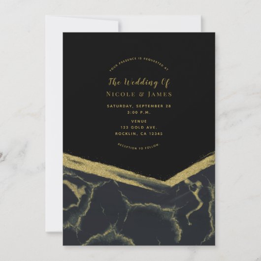 Zwart Rook & Goud Marmer Chic Modern Huwelijk Kaart (Voorkant)
