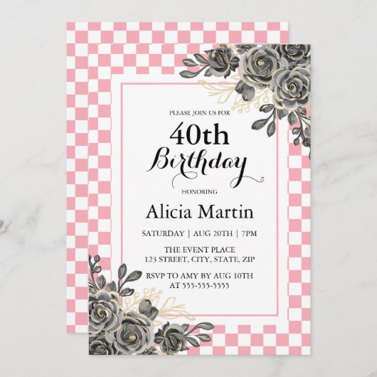 Zwart Roos Baby Roze & Wit Geruite Verjaardag Kaart (Voorkant / Achterkant)