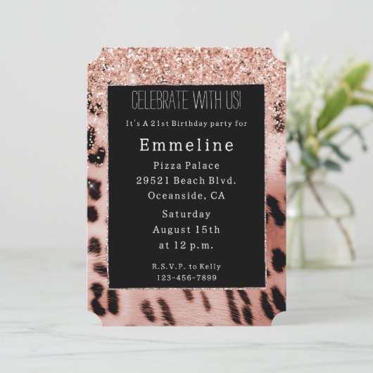 Zwart Roos Blush Roze Leopard Glitter Kaart (Staand voorkant)