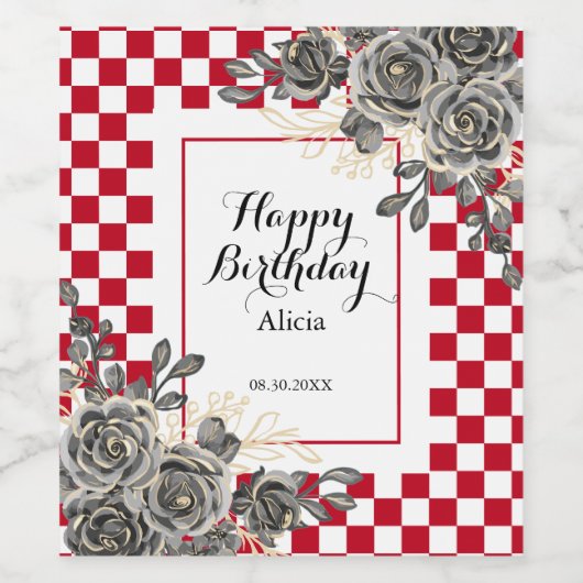 Zwart Roos Bourgondië & Wit geruite Verjaardag Wijn Etiket (Enkel label)