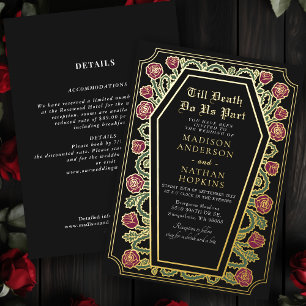 Zwart Roos Coffin Gothic Wedding Alles in één Folie Uitnodiging