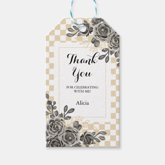 Zwart Roos Flora Gold & White Checkered Bedankt Cadeaulabel (Voorkant)