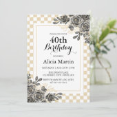 Zwart Roos Flora Goud & Wit Geruite Verjaardag Kaart (Staand voorkant)