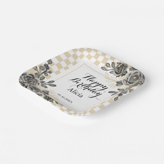 Zwart Roos Flora Goud & Wit Geruite Verjaardag Papieren Bordje (Gebogen)