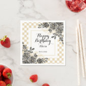 Zwart Roos Flora Goud & Wit Geruite Verjaardag Servet (Insitu)