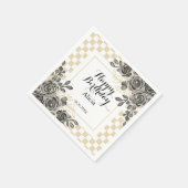 Zwart Roos Flora Goud & Wit Geruite Verjaardag Servet (Hoek)