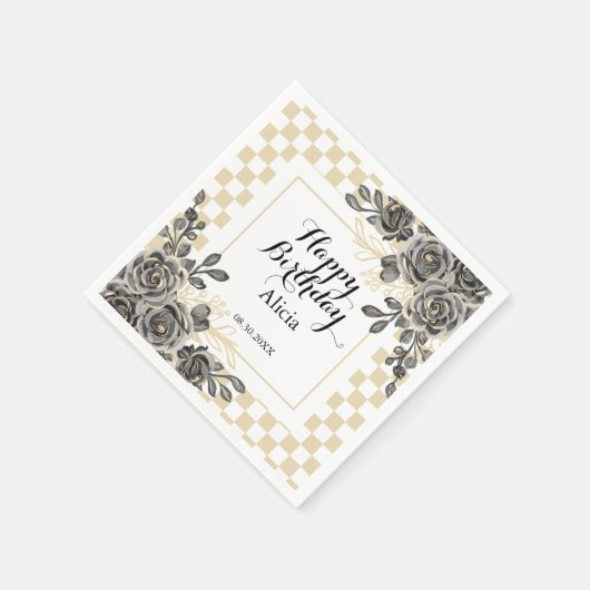 Zwart Roos Flora Goud & Wit Geruite Verjaardag Servet (Hoek)