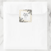 Zwart Roos Flora Goud & Wit Geruite Verjaardag Vierkante Sticker (Tas)