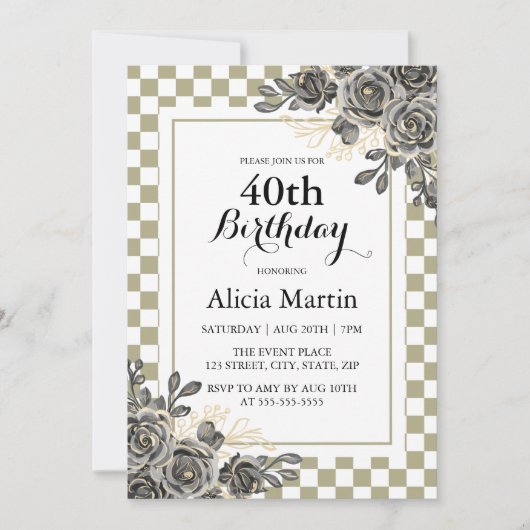Zwart Roos Flora Sage & White Checkered Verjaardag Kaart (Voorkant)