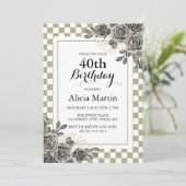 Zwart Roos Flora Sage & White Checkered Verjaardag Kaart (Staand voorkant)