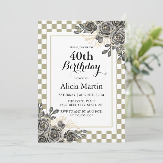 Zwart Roos Flora Sage & White Checkered Verjaardag Kaart (Staand voorkant)