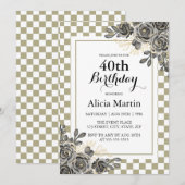 Zwart Roos Flora Sage & White Checkered Verjaardag Kaart (Voorkant / Achterkant)