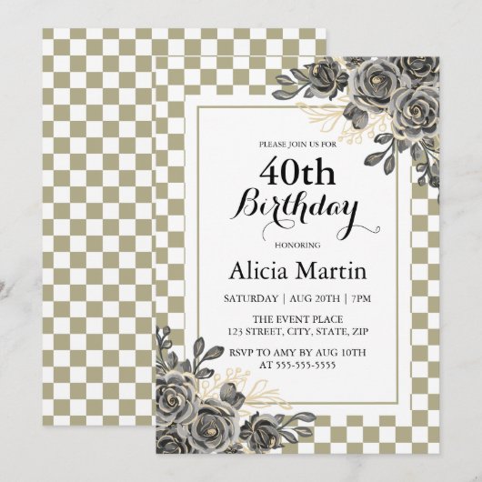 Zwart Roos Flora Sage & White Checkered Verjaardag Kaart (Voorkant / Achterkant)