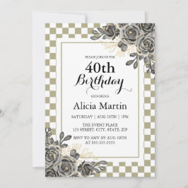 Zwart Roos Flora Sage & White Checkered Verjaardag Kaart