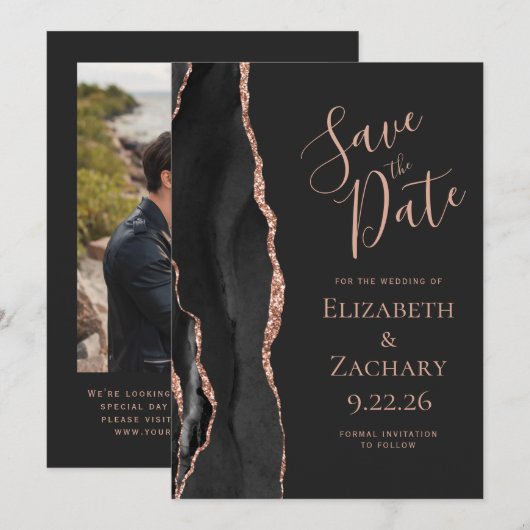 Zwart Roos Gold Agate Foto donker sparen Datum Kaart (Voorkant / Achterkant)