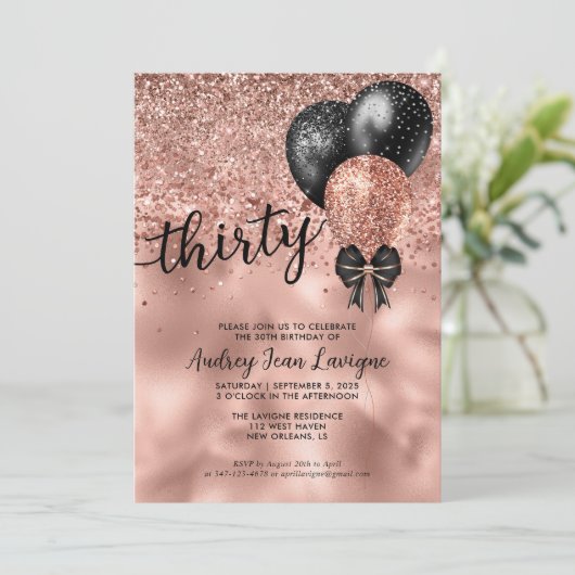 Zwart Roos Gold ballonvaarder Glitter 30th Birthda Kaart (Staand voorkant)