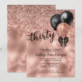 Zwart Roos Gold ballonvaarder Glitter 30th Birthda Kaart (Voorkant / Achterkant)