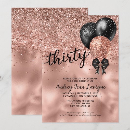 Zwart Roos Gold ballonvaarder Glitter 30th Birthda Kaart (Voorkant / Achterkant)