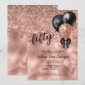 Zwart Roos Gold ballonvaarder Glitter 50th Birthda Kaart (Voorkant / Achterkant)