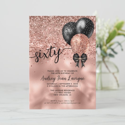 Zwart Roos Gold ballonvaarder Glitter 60th Birthda Kaart (Staand voorkant)