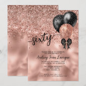 Zwart Roos Gold ballonvaarder Glitter 60th Birthda Kaart (Voorkant / Achterkant)