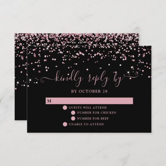 Zwart Roos Gold Blush Pink Glitter Wedding RSVP (Voorkant / Achterkant)