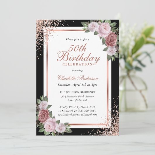Zwart Roos Gold Blush Roze Bloemen 50e Verjaardag Kaart (Staand voorkant)