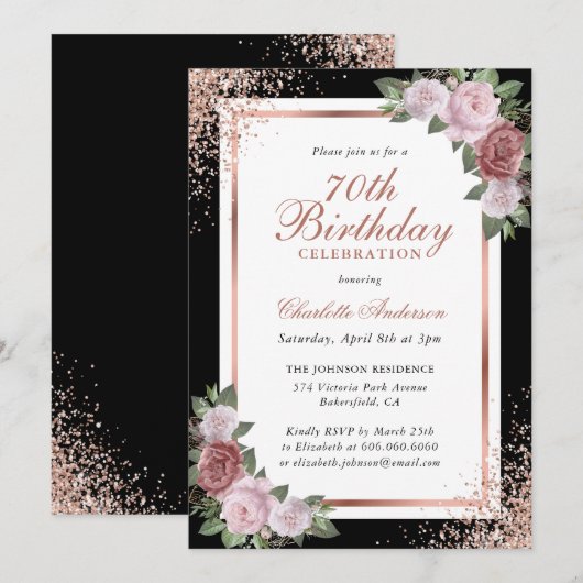 Zwart Roos Gold Blush Roze Bloemen 70e Verjaardag Kaart (Voorkant / Achterkant)