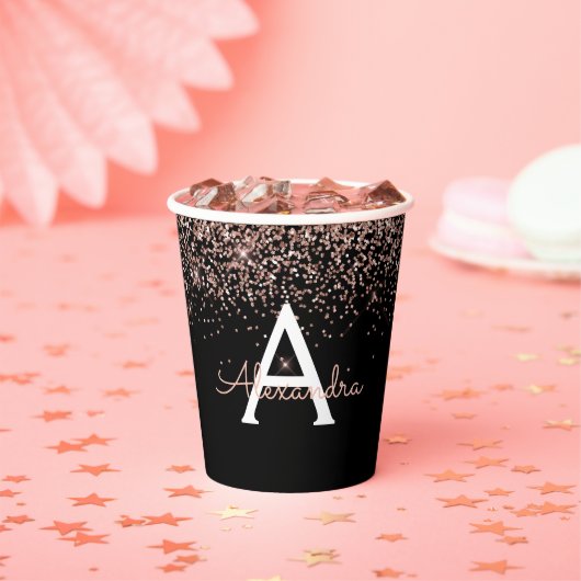 Zwart Roos Gold Blush Roze Glitter Monogram Papieren Bekers (Insitu)