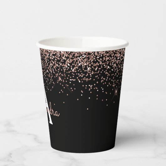 Zwart Roos Gold Blush Roze Glitter Monogram Papieren Bekers (Links)